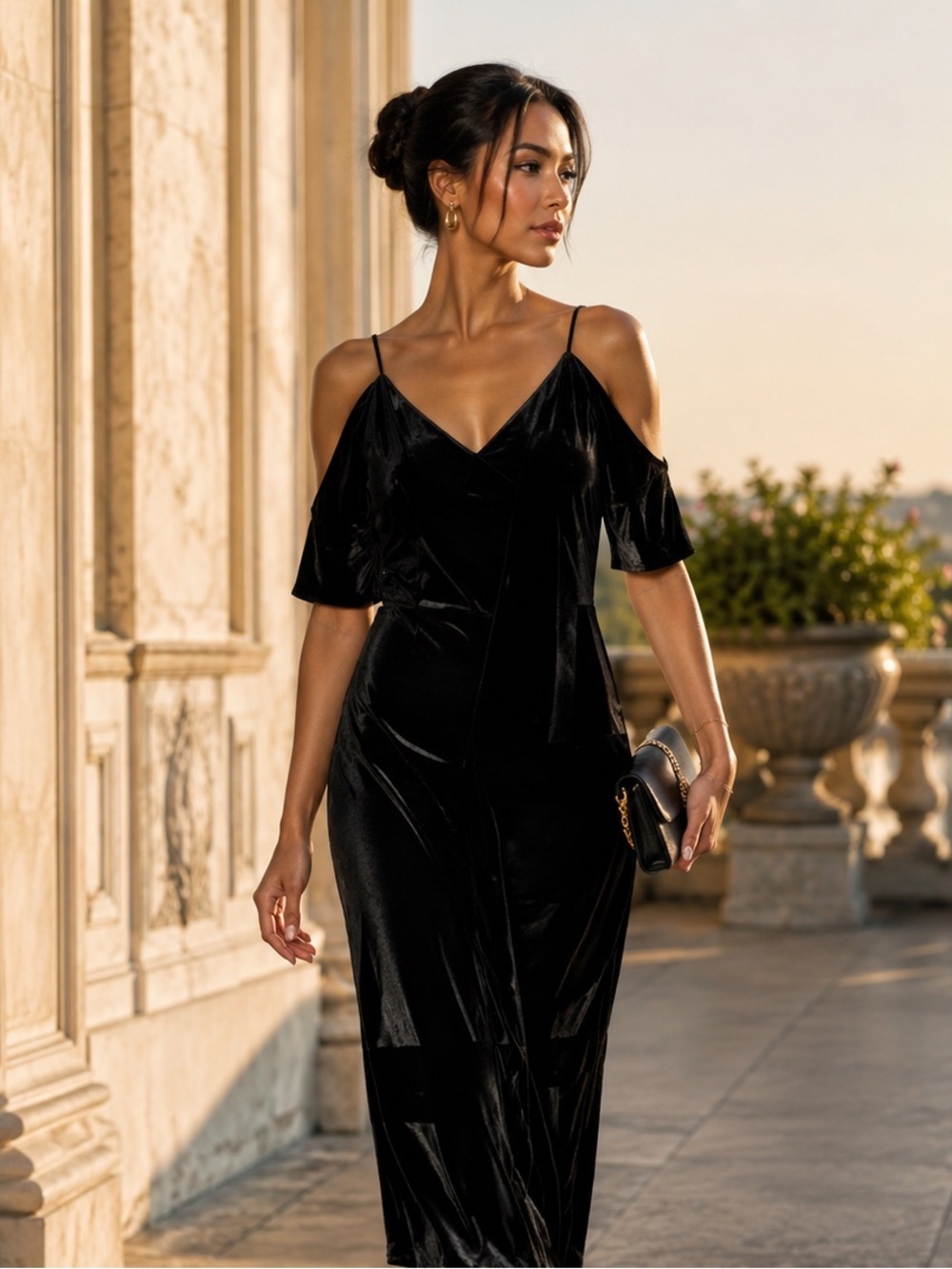 Trina Turk Black Silk Blend Cold Shoulder V Neck Midi Dress Size 0 Quiet Luxury